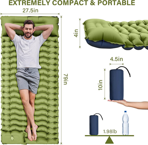 Ultralight Inflatable Sleeping Pad with Pillow & Foot Pump – Compact Camping Mat for Hiking, Backpacking, and Travel