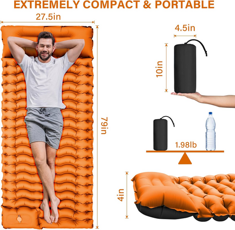 Ultralight Inflatable Sleeping Pad with Pillow & Foot Pump – Compact Camping Mat for Hiking, Backpacking, and Travel